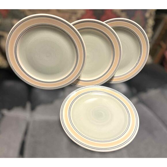 Pfaltzgraff Set 4 Key Largo 8.5" Stoneware Salad Plates Cream Yellow Green Bands - Picture 1 of 4